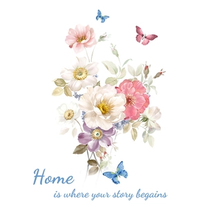 Detail of floral wall sticker with pink peonies, blue butterflies and home quote text