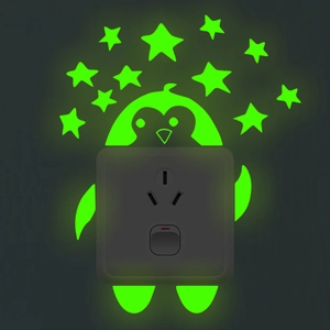 Luminous penguin and stars wall stickers set for power switch glow in the dark decor