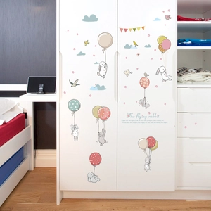 Cartoon Flying Rabbit Wall Sticker PVC Waterproof Balloon Clouds Removable Decal For Kids Nursery Room DIY Home Decor