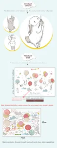 Detail view of cartoon rabbit and balloon wall sticker layout with precise size measurements