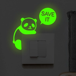 Luminous panda wall sticker glowing in the dark with SAVE IT text for light switches