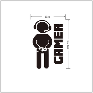 Dettaglio dell'adesivo murale gamer con silhouette e controller, dimensioni 43x69,4cm