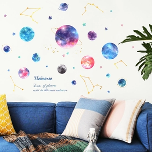 Solar system wall decals featuring colorful planets and stars for kids room decor