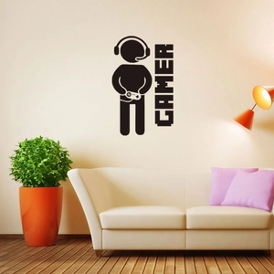 Adesivo murale Gamer nero minimalista con figura di giocatore con cuffie e controller di gioco