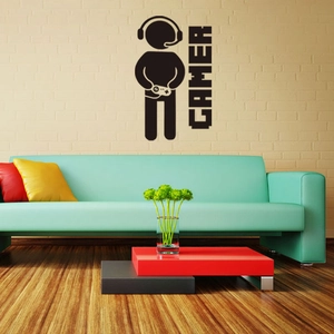 Adesivo murale silhouette gamer con cuffie e controller per decoro camera ragazzi