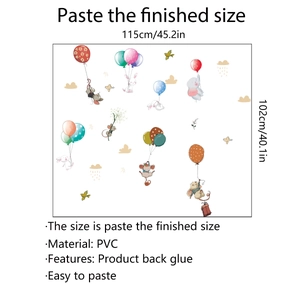 Detail showing PVC wall sticker dimensions 115x102cm with cartoon animal balloon patterns