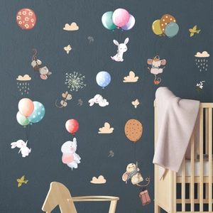 Cartoon animal wall stickers with rabbits and balloons for nursery wall decoration