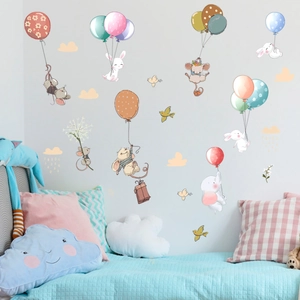 Cartoon animal and balloon wall stickers in soft Morandi colors for kids' bedroom decoration