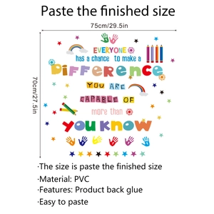 Detail view of inspirational PVC wall decal showing dimensions 75x70cm with rainbow and stars