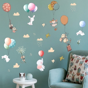 Cartoon Animal Balloon Wall Stickers Waterproof PVC Self Adhesive Hand Drawn Style Decorative Wall Decals For Nursery Kids Bedroom Home Decor