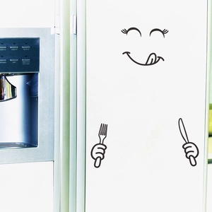 Playful kitchen fridge sticker with winking face and cutlery minimalist black line decals
