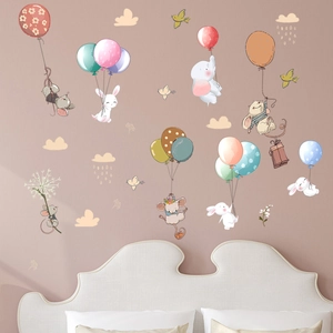 Cartoon animal balloons wall decals with cute elephant and rabbit for kids bedroom decor