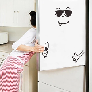 Funny cartoon face fridge sticker with sunglasses and wine glass on white refrigerator