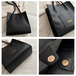 Vue détaillée du grand sac cabas en cuir PU avec fermeture magnétique dorée et logo
