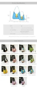 Size comparison and specification chart for the PU bow saddle bag in seven colors