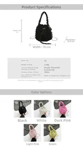 Detailed chart showing bubble textured bucket bag dimensions and multiple color options