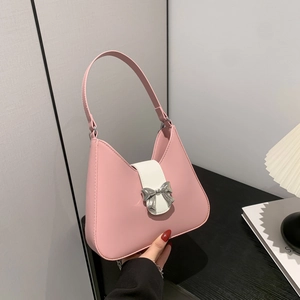Chic PU Leather Women Underarm Bag With Silver Bow Tie Metal Chain Crossbody Shoulder Bag Contrasting Color Handbag