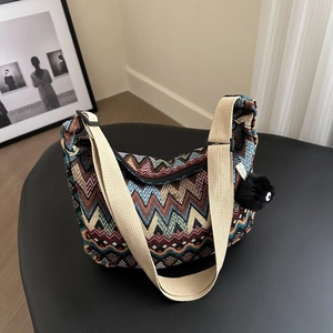 Sac à Épaule Tissé Ethnique Bohème Motif Zigzag Géométrique Sac Hobo en Toile Tricoté pour Femme Voyage Quotidien Décontracté