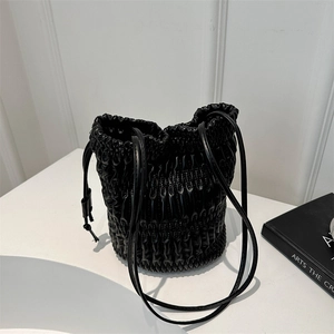 Pleated PU Leather Bucket Bag For Women Fashion Ruched Drawstring Shoulder Crossbody Bag Retro Simple Elegant