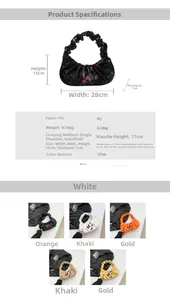 Detailed spec sheet showing PU cloud bag dimensions and pleated handle features