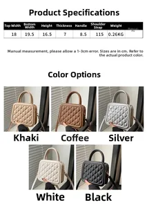 Detailed size chart and five color variants of quilted PU leather crossbody square bags