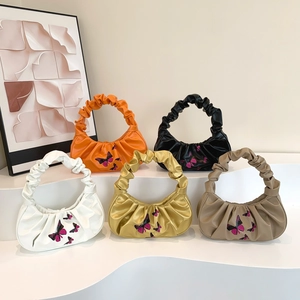 Chic moon-shaped pleated underarm bag with butterfly embroidery in five colors