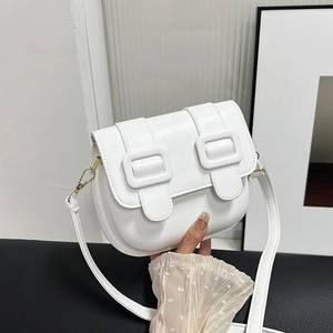 Women's PU Leather Saddle Crossbody Bag With Double Buckle Elegant Small Shoulder Bag Versatile Daily Satchel Gold Hardware