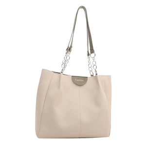 Chic beige faux leather tote bag with metal chain handles and Fashion lettering