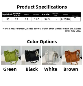 Detailed size guide for woven PU tote bag featuring 30cm top width and weight specs