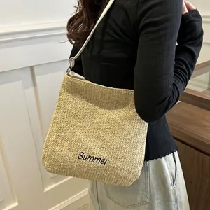 Women Summer Straw Shoulder Bag Large Capacity Tote Bag With Letter Embroidery Synthetic Leather Strap Casual Vacation Handbag