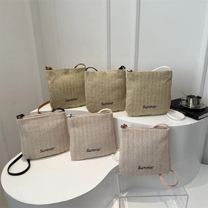Large capacity straw woven tote bag with summer embroidery in various color options