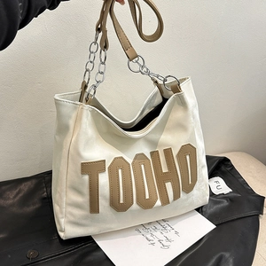 Women Large Capacity Tote Bag PU Leather Fashion Letter Print Chain Shoulder Strap Casual Commute Street Style Handbag
