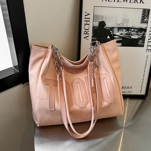Pink large capacity faux suede tote bag with TOHO letter embroidery and chain strap