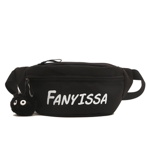 Black sporty waist bag with white lettering and black soot sprite plush charm