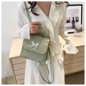 Detail of light green marble-textured handbag with silver butterfly ornament and strap