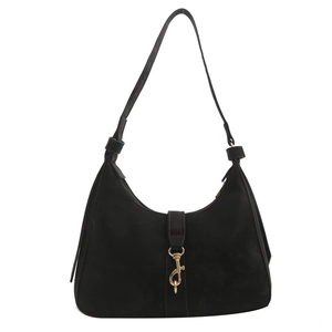 Minimalist black matte hobo underarm bag with gold metal buckle and knotted shoulder strap