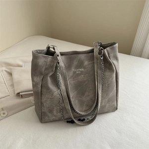 Chic dark grey vintage leather tote bag with chain strap and printed lettering
