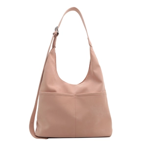 Pink matte PU leather hobo bag with dual front pockets and adjustable shoulder strap