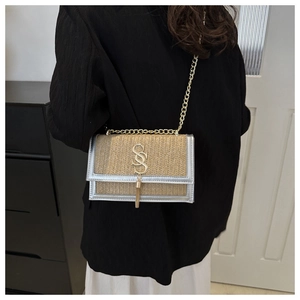 Detail of woven crossbody bag with metallic trim, gold tassel, and chain strap