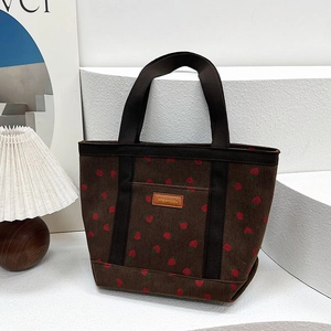 Women Corduroy Tote Bag Large Capacity Strawberry Print Floral Shoulder Handbag Casual Shopping Travel Soft Lightweight