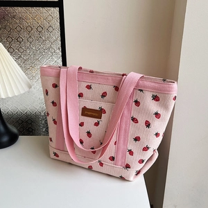 Pink corduroy tote bag with red strawberry print and large capacity design for women