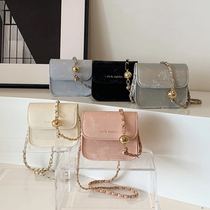 Mini crossbody square bags in five colors with chain straps and gold decorative balls