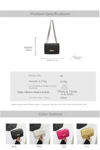 Detailed dimensions of V-quilted faux leather crossbody bag with chain strap specs