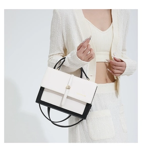 Détail d'un sac bandoulière minimaliste noir et blanc avec boucle dorée et bandoulière fine