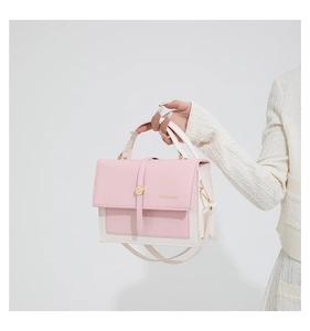 Detail of pink and beige square crossbody bag featuring a golden buckle and logo