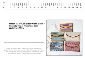 Detailed size specifications of handwoven ethnic striped envelope clutch bags with leather trim
