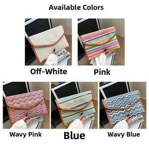 Detail view of woven envelope clutches in striped and solid patterns with leather trim