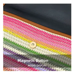 Close-up of multicolored striped woven texture and brown leather magnetic snap button