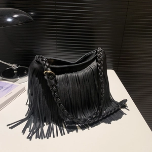 Black tassel tote bag with braided shoulder strap and lychee leather texture for women