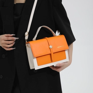 Fashion Women Color Block Small Square Shoulder Bag PU Leather Crossbody Handbag With Top Handle Metal Buckle Letter Print Satchel Bag For Daily Commuting